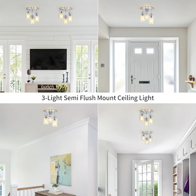 Semi Flush Mount Ceiling Light Fixture Chrome Flush Mount Ceiling Light with Seeded Glass Shades, 3-Light Modern Ceiling Light for Hallway Entryway Kitchen Island Bedroom