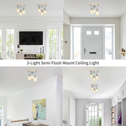 Semi Flush Mount Ceiling Light Fixture Chrome Flush Mount Ceiling Light with Seeded Glass Shades, 3-Light Modern Ceiling Light for Hallway Entryway Kitchen Island Bedroom
