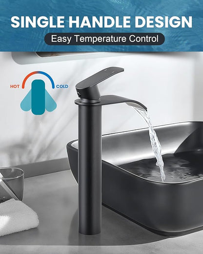 Vessel Sink Faucet Black for Bathroom：WOWOW Single Handle Tall Bathroom Faucet - Waterfall Single Hole Mixer Bar Tap with Large Rectangular Spout, Deck Mount Lavatory Vanity with Pop Up Drain