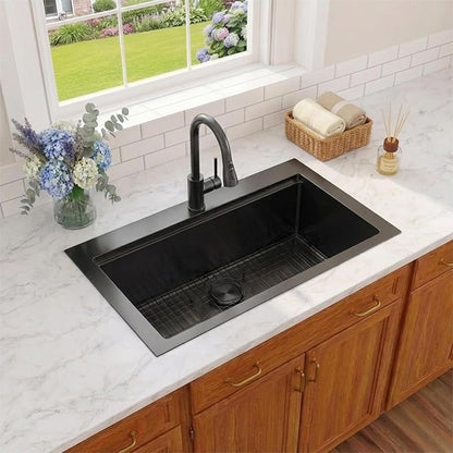 Black Drop In Kitchen Sink 36" X 22",Top Mount 16 Gauge Stainless Steel Workstation Sink,Deep & Large Single Bowl Kitchen Sinks (Black, 36" X 22")