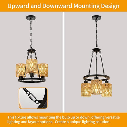 3-Light Boho Rattan Chandeliers for Dining Room,Farmhouse Wagon Wheel Chandeliers,Adjustable Height Hanging Round Pendant Lighs for Kitchen Island,Wicker Lampshade Chandelier Light Fixture