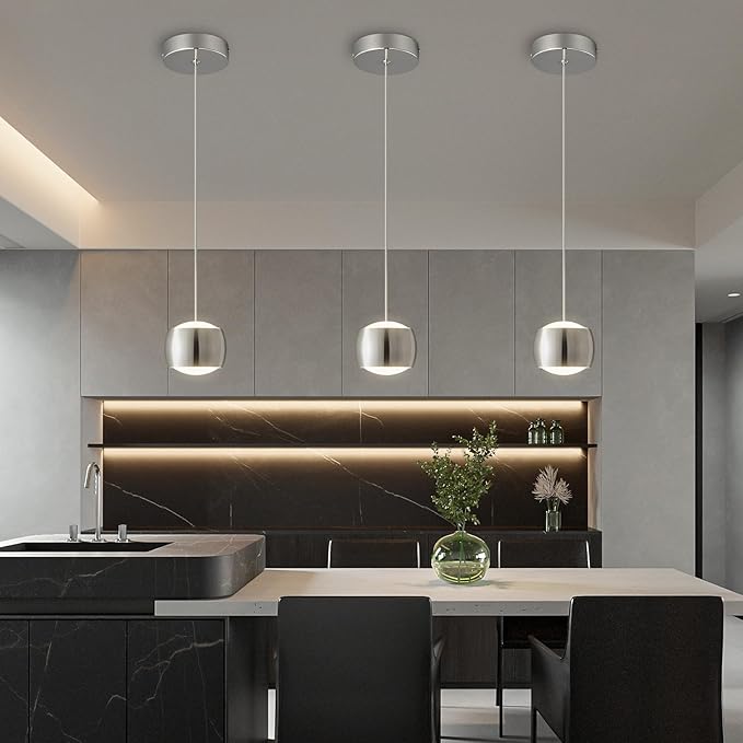 Modern LED Dimmable Pendant Light fixtures,Mini Island Pendant Lighting for Kitchen Island Dinning Room,Bedroom,Bar, Kitchen Island Ceiling Hanging Light Fixtures(Chrome-3-Pack)