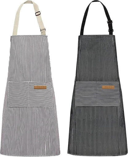 NLUS 2 Pack Kitchen Cooking Aprons, Adjustable Bib Soft Chef Apron with 2 Pockets for Men Women (Brown/Dark Black Strips)