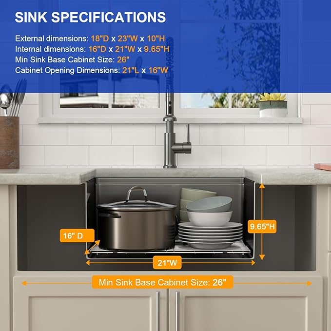 Dcolora 23 Inch Black Kitchen Sink Undermount Wet Bar Sink Workstation Single Bowl Stainless Steel Nano PVD Coating Small Kitchen Sinks, #DC-UW256723