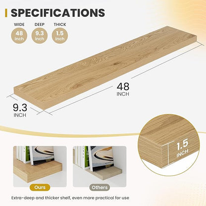 Acovy 48 Inch Floating Shelves, 9.3" Deep Floating Shelf Wall Mounted, 48" Wall Shelves, Rustic Deep Bookshelf, Large Display Shelves & Storage Shelves for Bedroom, Living Room, Oak, Set of 1