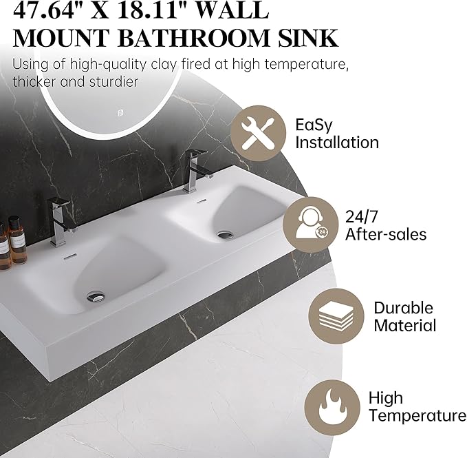 Wall Mount Double Bathroom Sink 47"L x 18"W x 5"H, Resin Stone Floating Sink with Facuet Holes, Rectangle Countertop Freestanding Vessel Sinks (Double Holes 47'')