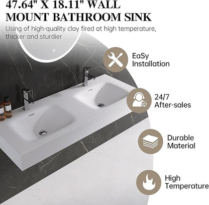 Wall Mount Double Bathroom Sink 47"L x 18"W x 5"H, Resin Stone Floating Sink with Facuet Holes, Rectangle Countertop Freestanding Vessel Sinks (Double Holes 47'')