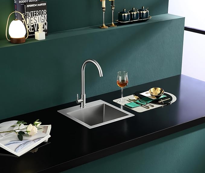 MENATT 18 inch Kitchen Sink Drop-In Brushed，304 Stainless Steel Handmade Single Faucet Hole Single Bowl Small Topmount Kitchen Bar Sink, D18" x W18" x H9"