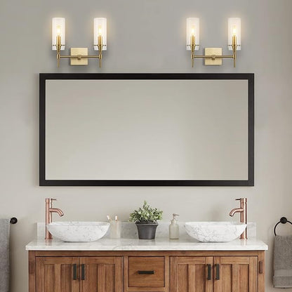 JONATHAN Y 13.5" Brass Gold/Clear Modern Farmhouse LED Vanity Light Sconce, Clear Glass Cylinder Shade, Wall Lamp for Bathroom Mirror Hallway Entryway, LED Bulb Included (JYL7806C)
