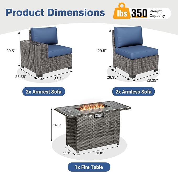 5 Piece Patio Furniture Set with Fire Pit Table, Outdoor Conversation Sets Grey Wicker Rattan Sectional Sofa, 4'' Thickened Cushion Navy Blue