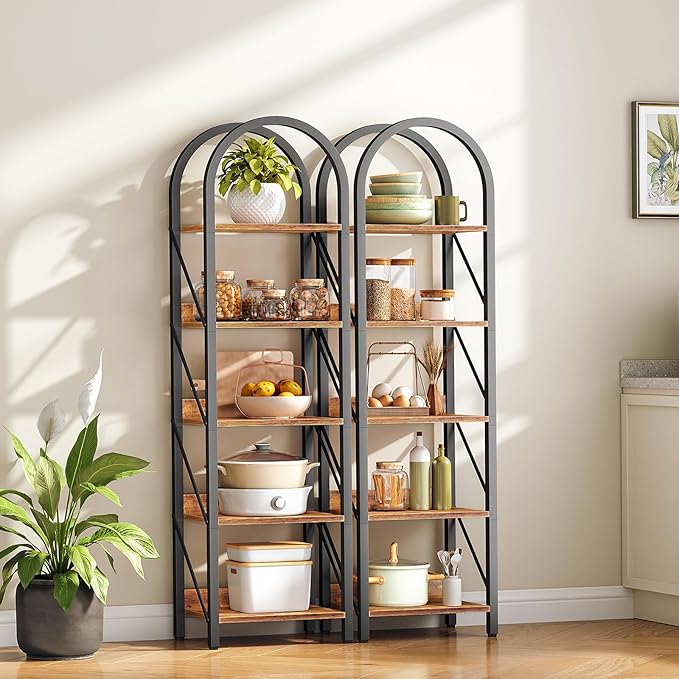 HOOBRO Bookshelf, 5-Tier Bookshelf Arched Display Racks, Industrial Bookcase with Metal Frame, Book Shelf Storage Organizer for Living Room, Office, Bedroom, Rustic Brown and Black BF425SJ01