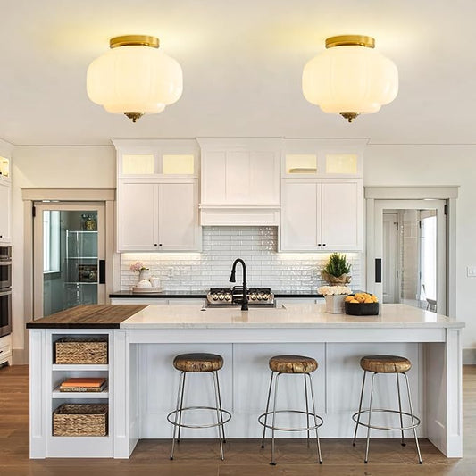 Milk Glass Ceiling Light Fixture 15 inch Semi Flush Mount Ceiling Light Mid Century Gold Modern Ceiling Lamp for Kitchen Dining Room Bedroom and Hallway(White) E26