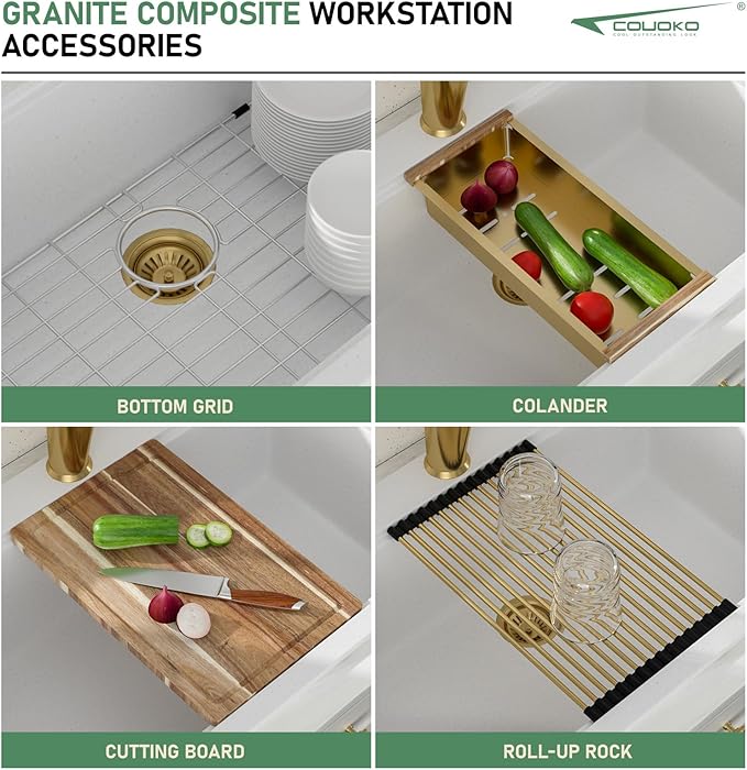 33x22 White Drop In Kitchen Sink Workstation - Couoko White Drop In Granite Composite Kitchen Sinks Quartz Classic Large Deep Topmount Single Bowl Sink Basin with Luxury Accessories