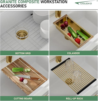 33x22 White Drop In Kitchen Sink Workstation - Couoko White Drop In Granite Composite Kitchen Sinks Quartz Classic Large Deep Topmount Single Bowl Sink Basin with Luxury Accessories