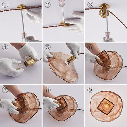 YLONG-ZS Hanging Lights with Plug in Cord,Hanging Lamp Plug in Gold Vintage Glass Pulley Brass Modern Pendant Lights for Kitchen Island,Dining Room, Living Room,Bedroom