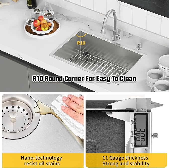 28x18 Inch Stainless Steel Kitchen Sink-Undermount Single Bowl Drop In Kitchen Sink Stylish And Modern Look Come With Bottom Grid,Silicon Mat And Drain Assembly Add Elegance & Enhance Usability
