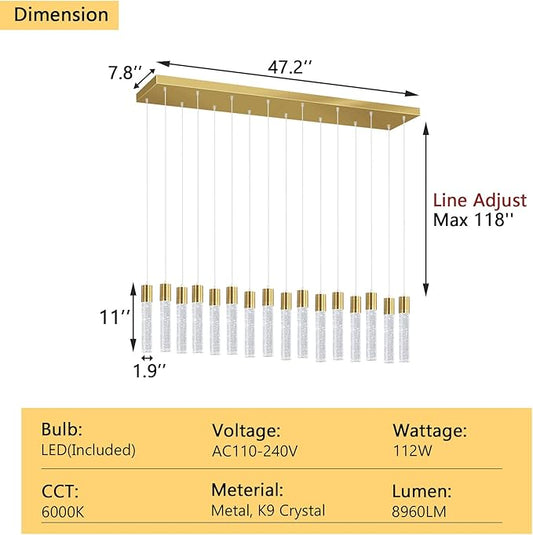 16-Lights Modern Crystal Rectangular Chandeliers LED Pendant Light for Kitchen Island High Ceiling Chandelier for Dining Room Entrance Foyer Living Room Gold