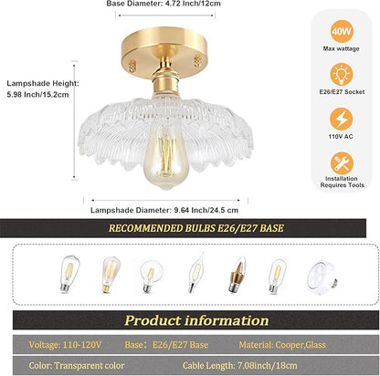 Shenmoyl Semi Flush Mount Ceiling Light, Gold Hallway Vintage Fixture With Clear Flower Glass, Bulb Included, 4.72" Base Modern Light for Porch Corridor Kitchen Bedroom