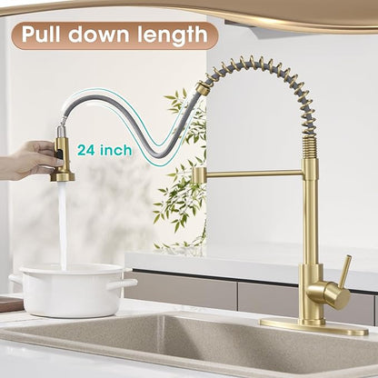 Kitchen Faucet with Pull Down Sprayer, Brushed Gold High Arc Single Handle Spring Pull Out Stainless Steel Faucet for Kitchen Sink, 2 Mode Utility Ideal for Laundry Camper Bar RV Room