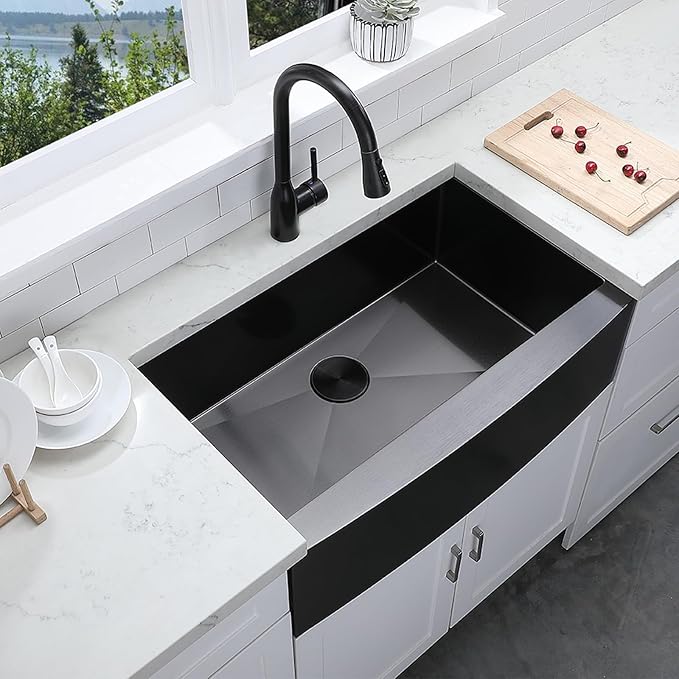 33 inch Black Farmhouse Sink, Modern Single Bowl Stainless Steel Apron Front Farmhouse Kitchen Sink with Dish Grid and Strainer