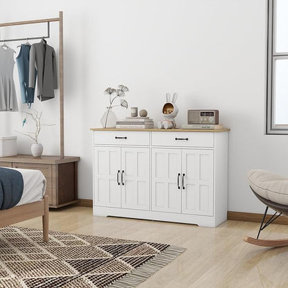 Locsear White Buffet Cabinet, Coffee Bar Cabinet with 2 Drawers & 4 Doors, Kitchen Buffet Sideboard for Living Room (15.35" D x 47.95" W x 32.08" H)