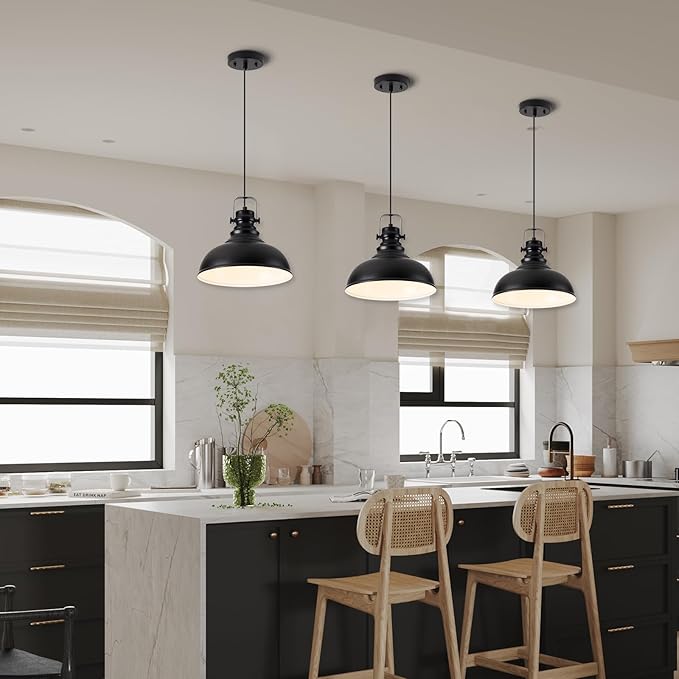 Industrial Pendant Light Fixture, Farmhouse Decor Adjustable Metal Hanging Lamp, Vintage Pendant Lighting for Kitchen Restaurant Dining Room Cafe, E26 Base Black (Black, 2 Pack)