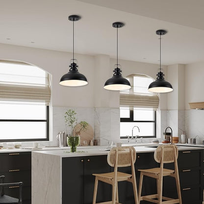 Industrial Pendant Light Fixture, Farmhouse Decor Adjustable Metal Hanging Lamp, Vintage Pendant Lighting for Kitchen Restaurant Dining Room Cafe, E26 Base Black (Black, 3 Pack)