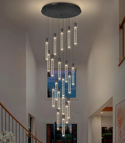 HAIXIANG 13 Foot High Ceiling Chandelier for Entryway Modern Crystal Lights for Living Room Foyer Flush Mount Sloping Ceiling Pendant Light Fixture Remote Dimmable 20-Lights Black
