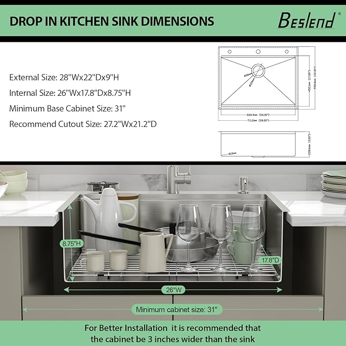 28 Drop In Kitchen Sink - Beslend 28x22 Kitchen Sink Drop In Workstation with Faucet, Stainless Steel Sinks and Soap Dispenser Topmount 16 Gauge Single Bowl Above Counter Dish Basin 9" Deep