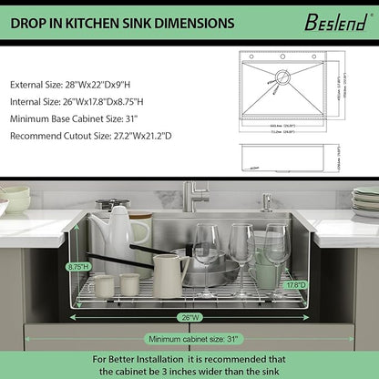 28 Drop In Kitchen Sink - Beslend 28x22 Kitchen Sink Drop In Workstation with Faucet, Stainless Steel Sinks and Soap Dispenser Topmount 16 Gauge Single Bowl Above Counter Dish Basin 9" Deep