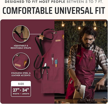 Asaya Chef and BBQ Apron with Bottle Opener and Hand Towel - 10oz Cotton Canvas, Stainless Steel Hardware - Cross Back Straps