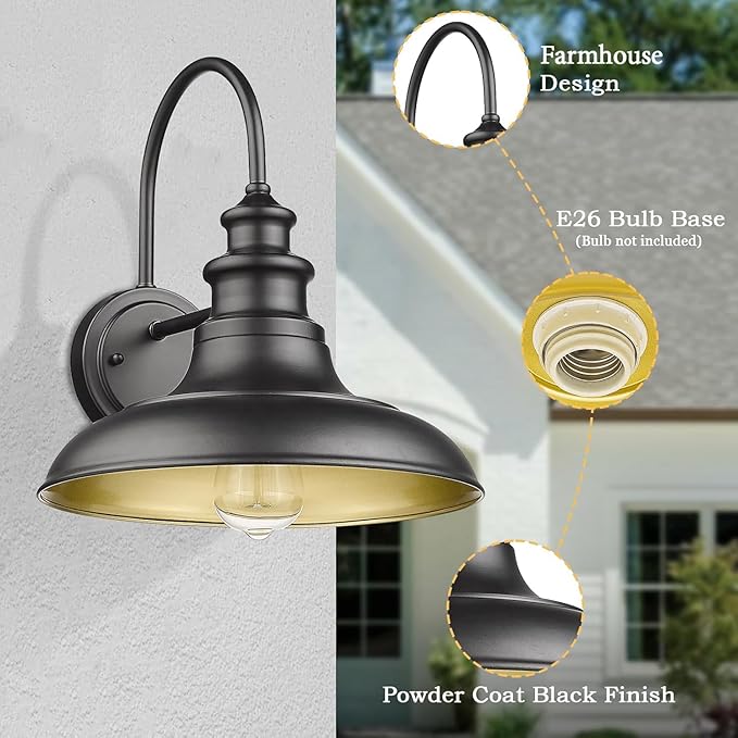 Outdoor Barn Light Fixture, 12.3 Inch Large Dome Farmhouse Wall Mount Light Wall Sconce Exterior Wall Lighting Fixture Industrial Black Finish Lantern with Gold Interior for Porch Garage Patio, 2 Pack