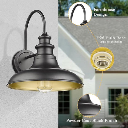 Outdoor Barn Light Fixture, 12.3 Inch Large Dome Farmhouse Wall Mount Light Wall Sconce Exterior Wall Lighting Fixture Industrial Black Finish Lantern with Gold Interior for Porch Garage Patio, 2 Pack