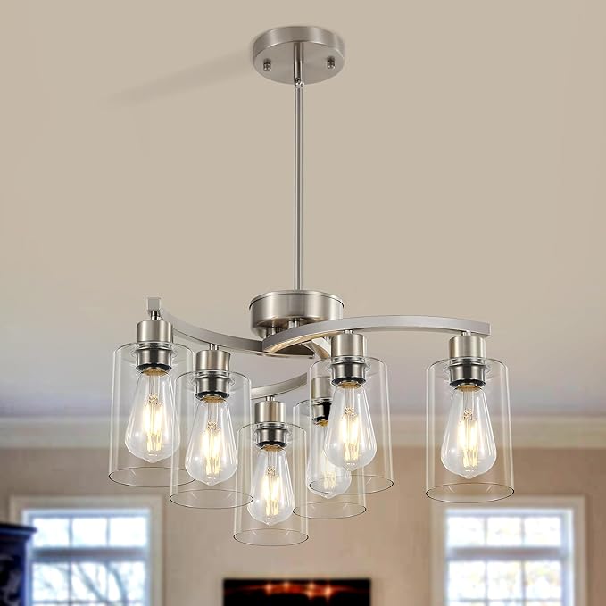 Sigaitwei 6 Light Farmhouse Brushed Nickel Chandelier,21.7" Modern Chandeliers for Dining Room Light Fixtures Over Table,Pendant Lights Kitchen Island,Metal Bracket with Downward Clear Glass Shade
