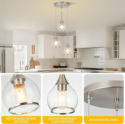 3-Light Island Light for Kitchen, Brushed Nickel Kitchen Island Hanging Pendant Light, Brushed Nickel Dining Room Light Fixture Over Table with Clear Round Glass Shade