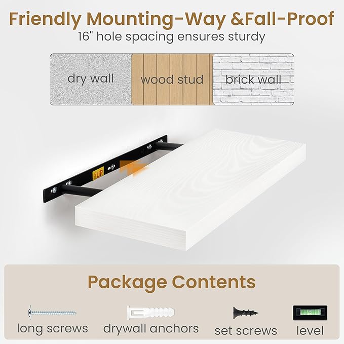 Fun Memories 48 Inch Floating Shelves in White, 9.3 Inch Deep Floating Shelf for Bathroom Living Room Kitchen, Rusitc Wall Mounted Bathroom Shelves 1 Pack, Heavy-Duty Deep Shelf for Books Decor