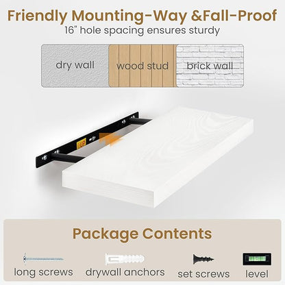 Fun Memories 72 Inch Floating Shelves in White, 9.3 Inch Deep Floating Shelf for Bathroom Living Room Kitchen, Rusitc Wall Mounted Bathroom Shelves 1 Pack, Heavy-Duty Deep Shelf for Books Decor