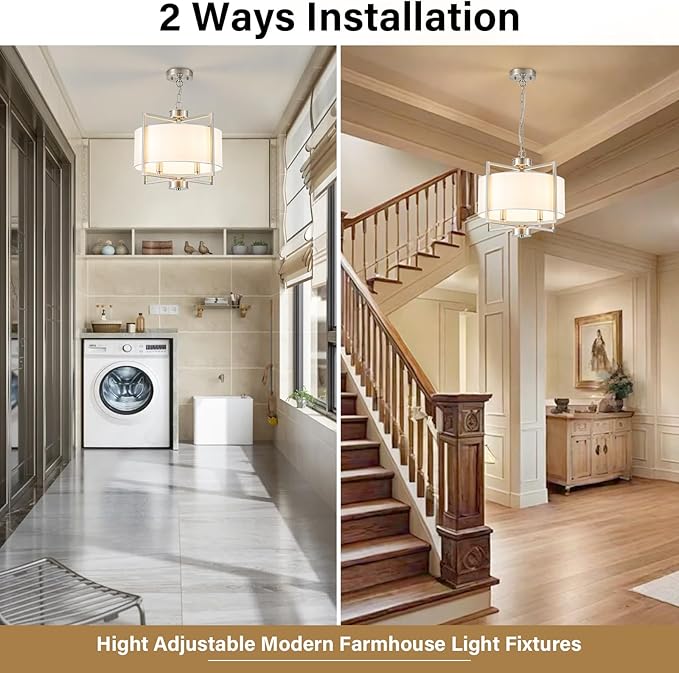 Modern Drum Chandelier for Dining Room, 4 Light Adjustable Rustic White Fabric Drum Chandeliers, Brushed Nickel Farmhouse Lights Hanging Light Fixture for Bedroom Living Room Hallway