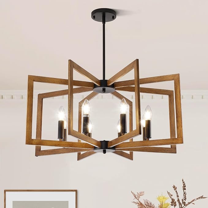 27.6" Chandelier for Dining Room, 8-Light Wood Grain Farmhouse Dining Room Light Fixture Over Table, Industrial Hanging Pendant Lights Fixture for Kitchen Island, Living Room, Foyer, Entryway
