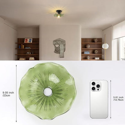 Shenmoyl Semi Flush Mount Ceiling Light, Black Hallway Vintage Fixture With Green Lotus Glass, 4.72" Base Modern Light for Bathroom Porch Kitchen Bedroom