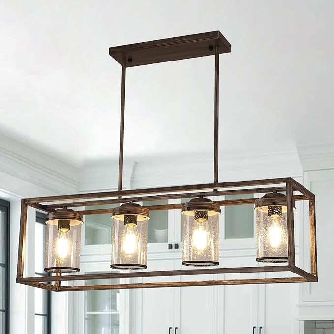 Farmhouse Dining Room Light Fixtures, Black and Gold Chandeliers for Dining Room,Kitchen Island,Office Coffee Shop, Rustic Rectangle Linear Pendant Ceiling Light with Glass Shade,Oak and Gold