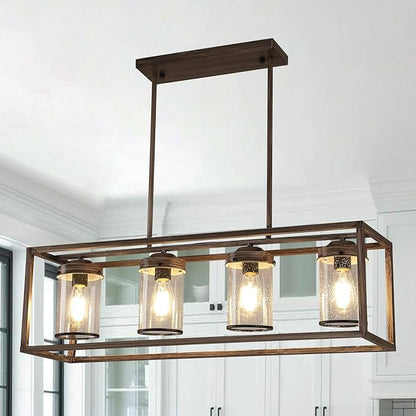 Farmhouse Dining Room Light Fixtures, Black and Gold Chandeliers for Dining Room,Kitchen Island,Office Coffee Shop, Rustic Rectangle Linear Pendant Ceiling Light with Glass Shade,Oak and Gold