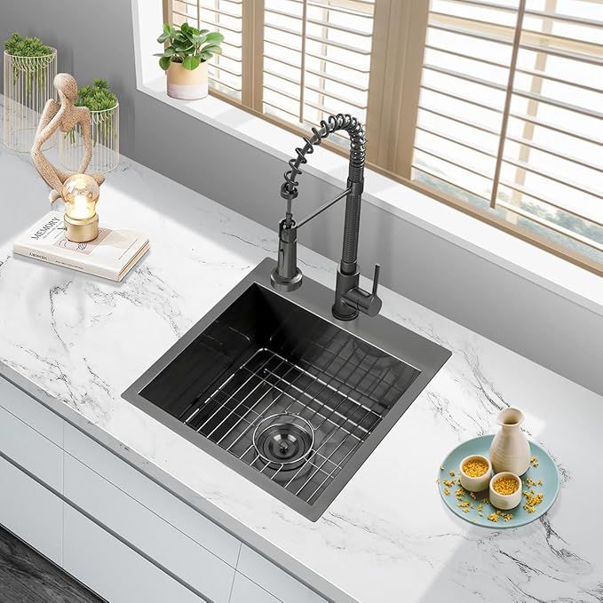 FRANIC 18" Handmade Black Bar Workstation Sink, 18" x 18" x 9" Stainless Steel Matte Nano Black Topmount Single Bowl Small Kitchen Outdoor Sink