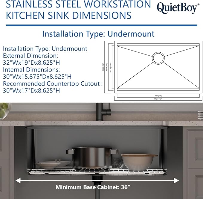 32" Black Stainless Steel Workstation Kitchen Sink, Large Single Bowl Drop-In Undermount Farmhouse Sink (Black, 3219)