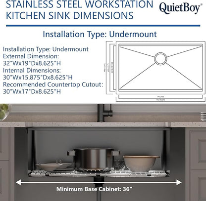 32" Black Stainless Steel Workstation Kitchen Sink, Large Single Bowl Drop-In Undermount Farmhouse Sink (Black, 3219)