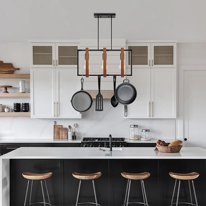 3-Light Island Lights for Kitchen, Rectangular Wood and Black Metal Kitchen Island Chandelier 23.6" Adjustable Rustic Modern Dining Room Light Fixtures Over Table, Chandeliers for Dining Room