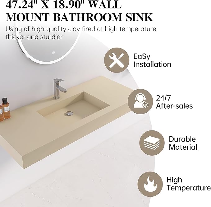 47"X19" Bathroom Sink with Single Faucet Hole, Stone Resin Wall-Mount or Countertop Vessel Sink, Rectangle Solid Surface Floating Sink with Mounting Screws, Latte Color