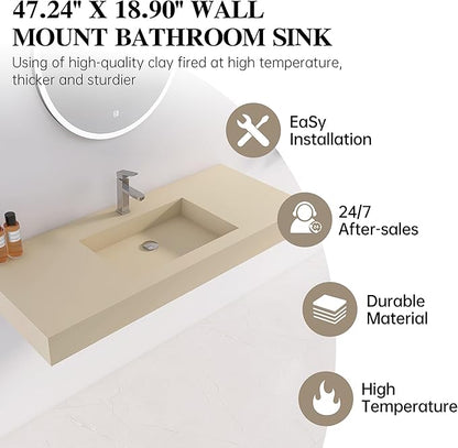 47"X19" Bathroom Sink with Single Faucet Hole, Stone Resin Wall-Mount or Countertop Vessel Sink, Rectangle Solid Surface Floating Sink with Mounting Screws, Latte Color