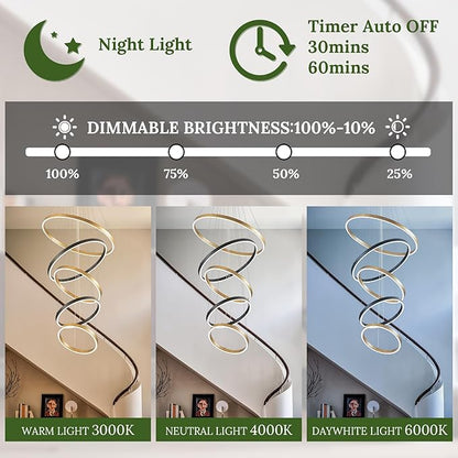 LED 5-Ring Chandelier Modern Vintage Gold Chandelier with Remote Control High Ceiling Foyer Chandeliers Light Brass Circle Round Chandeliers for Living Room Entry Motel,100W