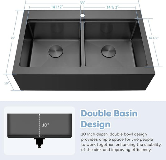 Black Farmhouse Kitchen Sink 33 x 22 Drop In, 50/50 Double Bowl Farm Sinks, 16 Gauge Stainless Steel Workstation Sink with Ledge & Accessories, 33" x 22" x 10" Large and Deep Double Sinks